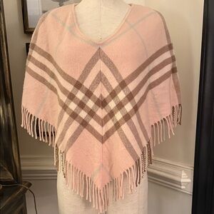 Burberry Pink Plaid Fringe Poncho with Brown Stripes